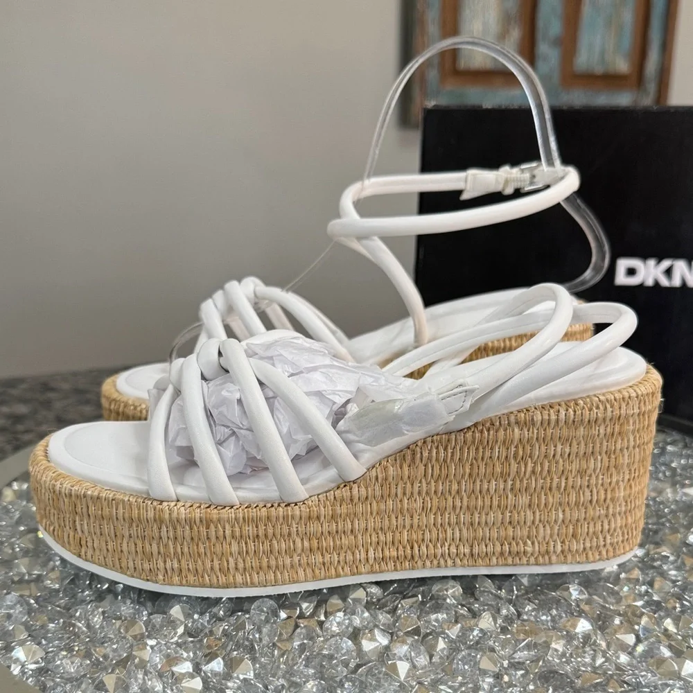 DKNY White Strappy Wedge Sandals with Woven espadrille Platform NEW 6.5